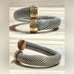 Designer Signed Sterling Silver Mesh & Gold Greek Key End Bypass Ring, Size 8.5